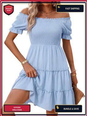 Womens Off Shoulder Mini Dress Square Neck Puff Sleeve A-Line Flowy Beach